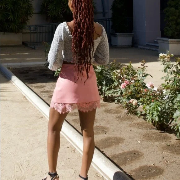 Alice + Olivia Lace Trim Faux Leather Miniskirt in Rose